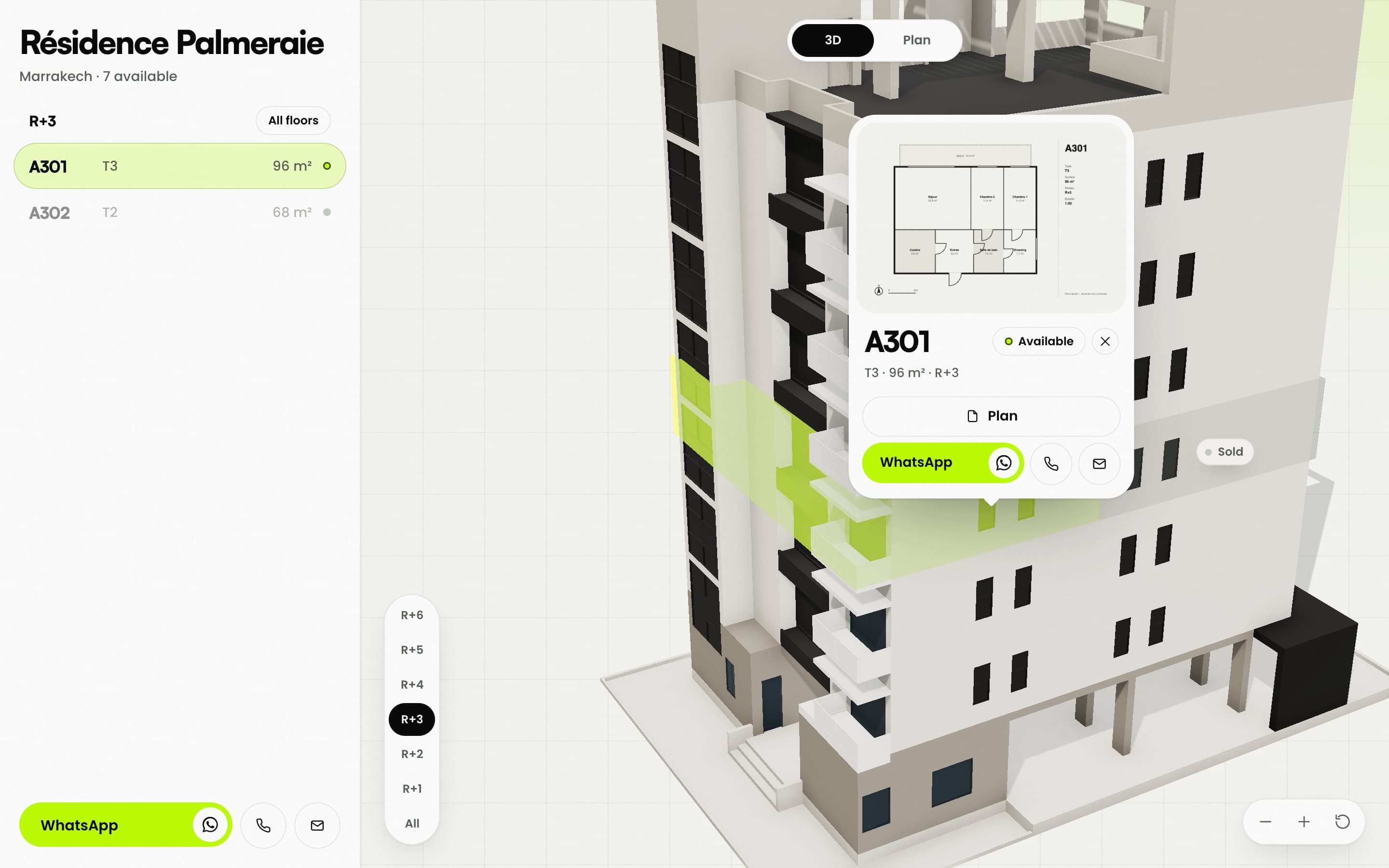 A selected apartment with plan, WhatsApp, call and email buttons