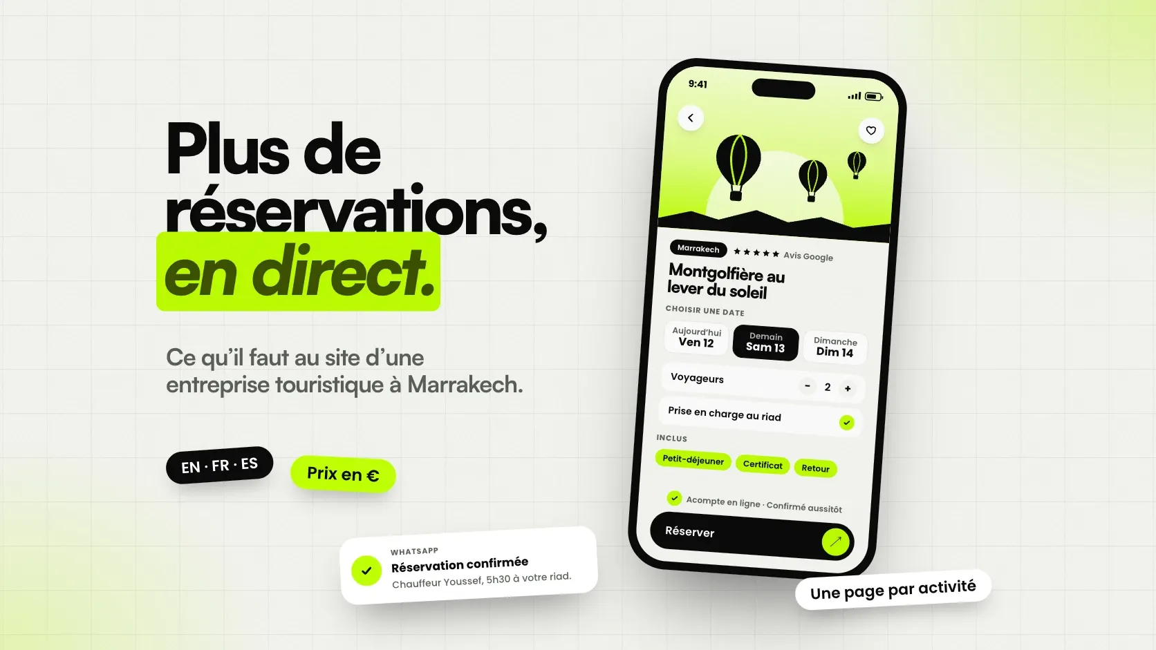 Un téléphone qui réserve un vol en montgolfière à Marrakech, avec prise en charge au riad et confirmation WhatsApp