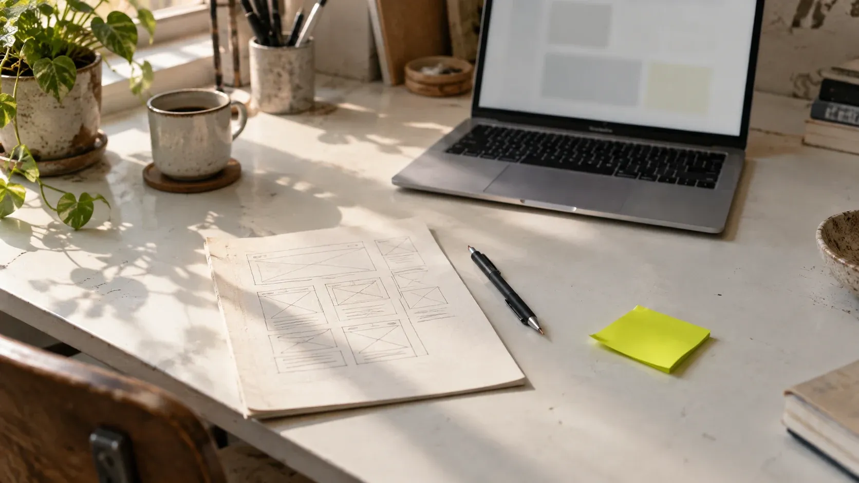 A web designer’s desk with website wireframes sketched on paper, a laptop and a lime sticky note