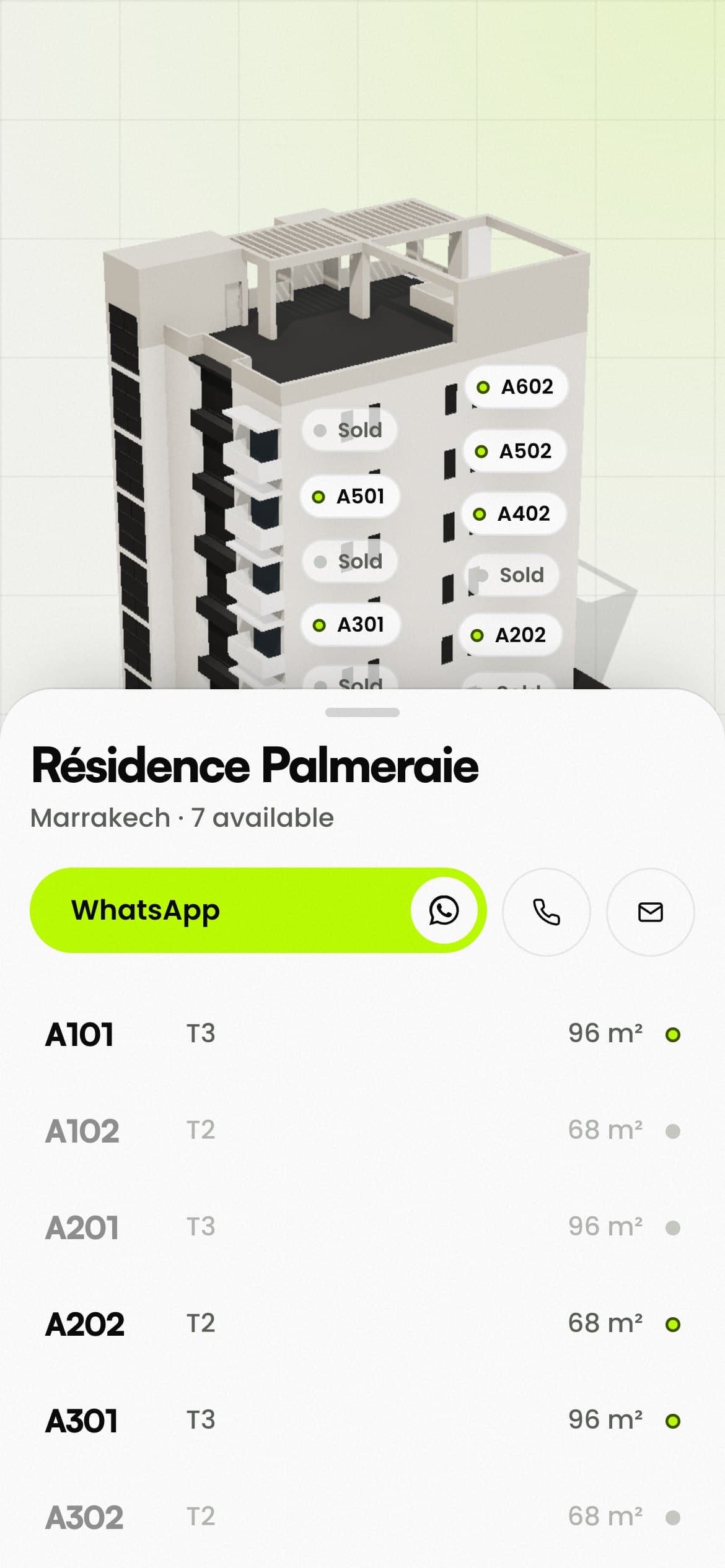 The apartment list in a bottom sheet on a phone